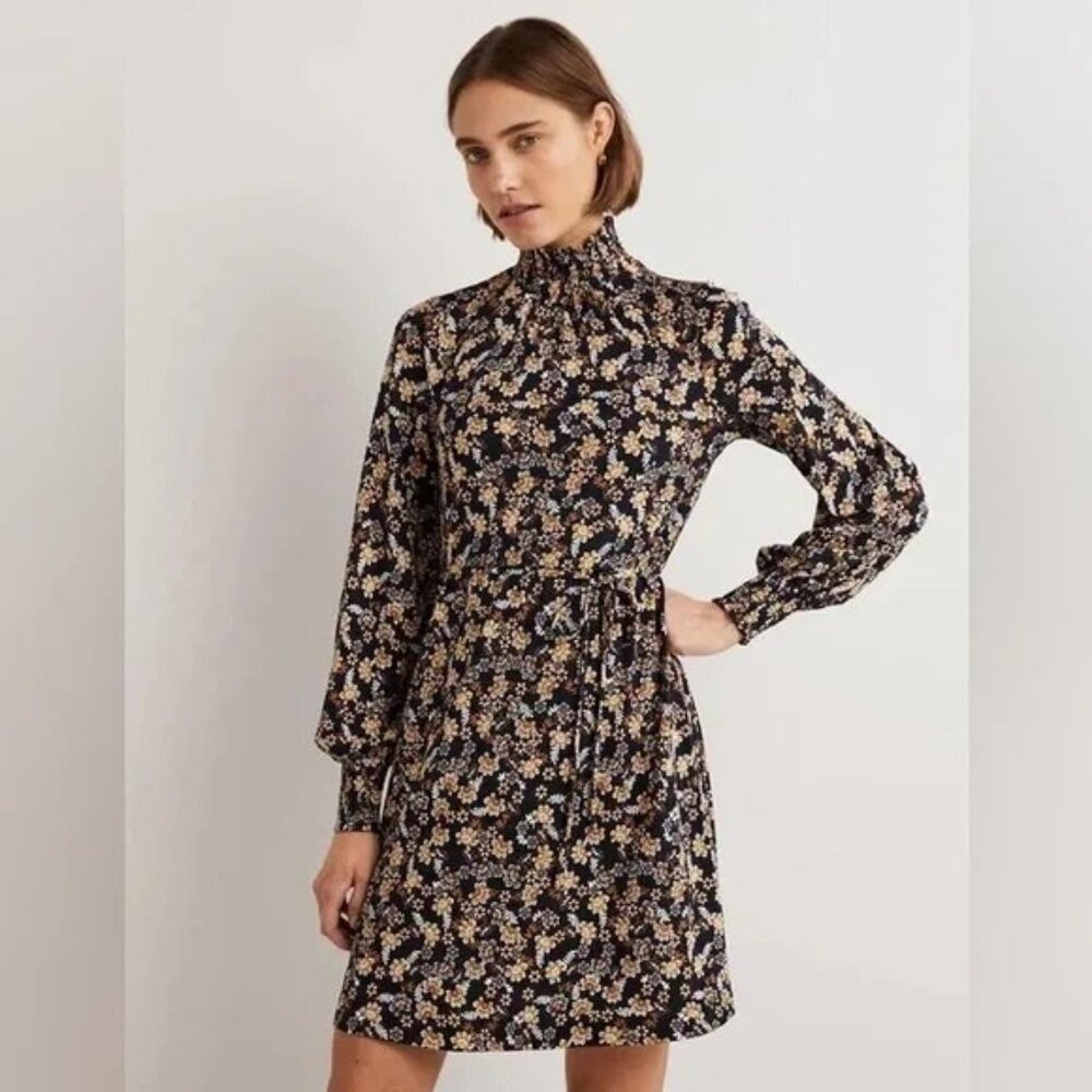Boden French Navy Opulent Leaf Floral High Neck Belted Knit Shift Dress US 14